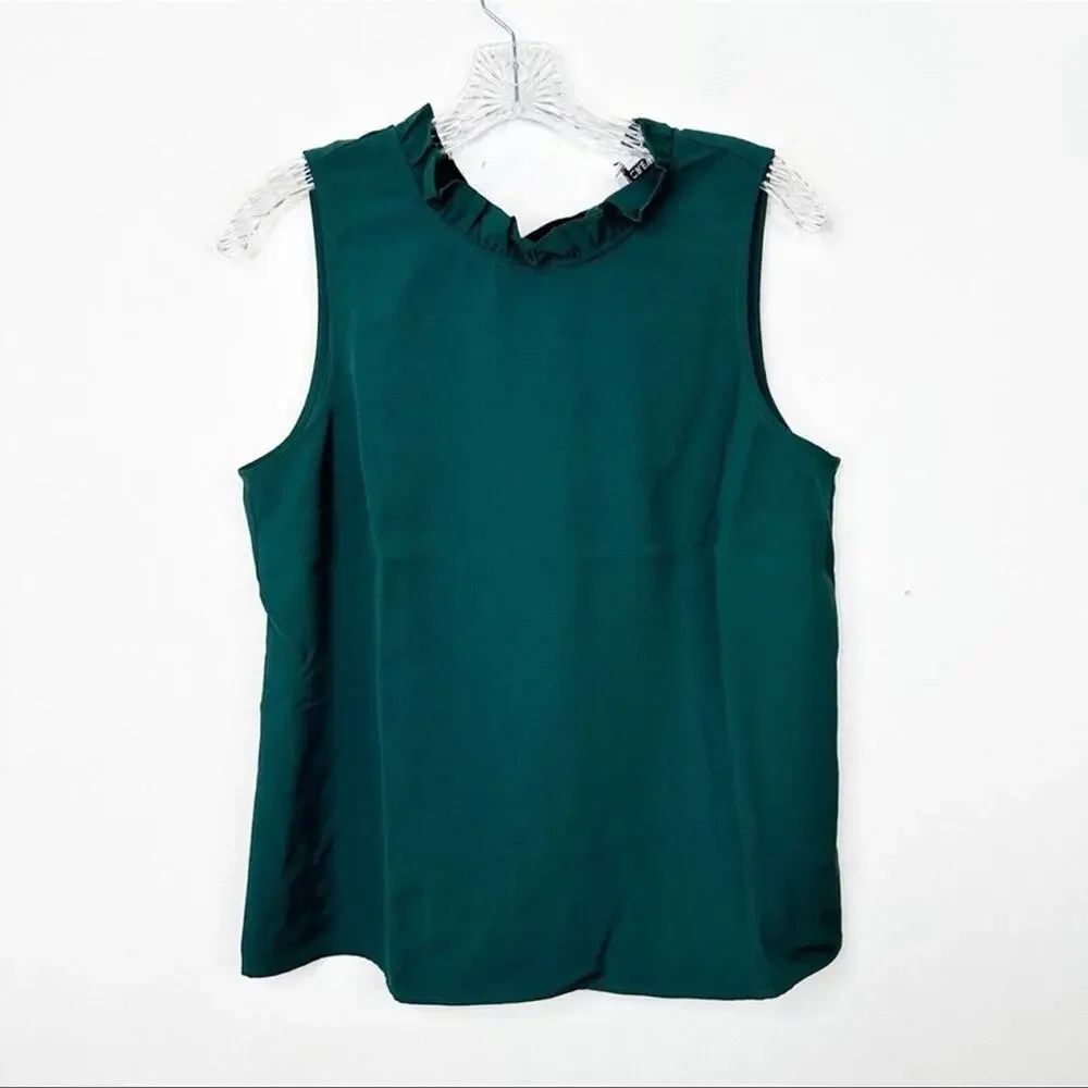 J. CREW | Emerald Green Ruffle Neck Black‎ Bow Back Top Blouse Sz. Small